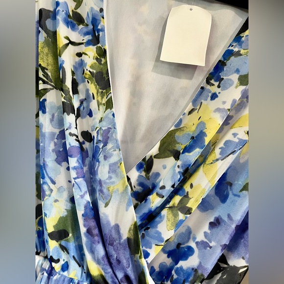 Marina FLORAL‎ LONG SLEEVE FAUX WRAP DRESS Blue Green Chiffon Size 14 Midi NWT - Picture 5 of 14
